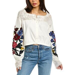 FREE PEOPLE Meadows Embroidered Top Lace Boho Bishop Sleeve Crop small